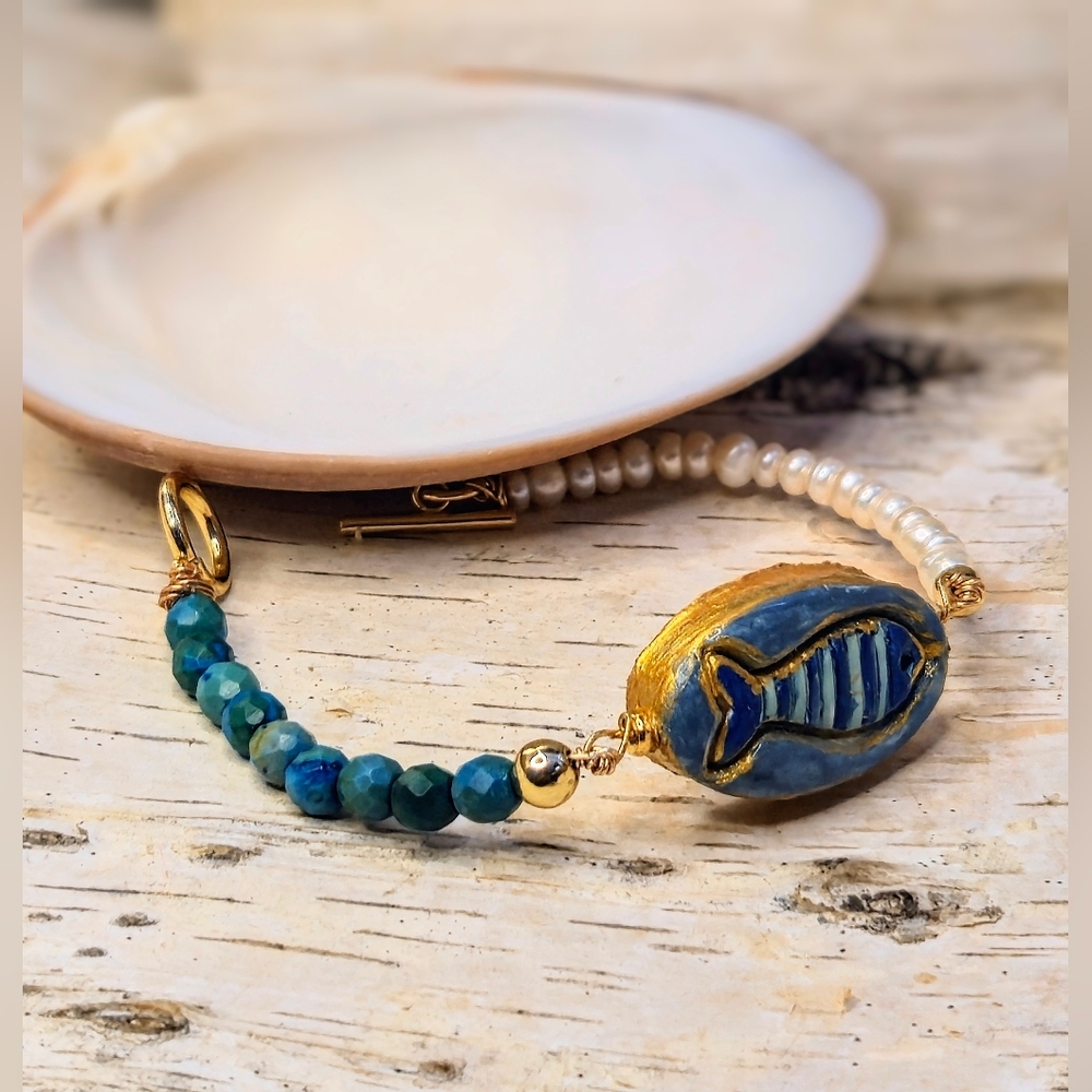 Santorini Inspired Handpainted Blue Fish, Azurite & Pearld In Artisan Bracelet